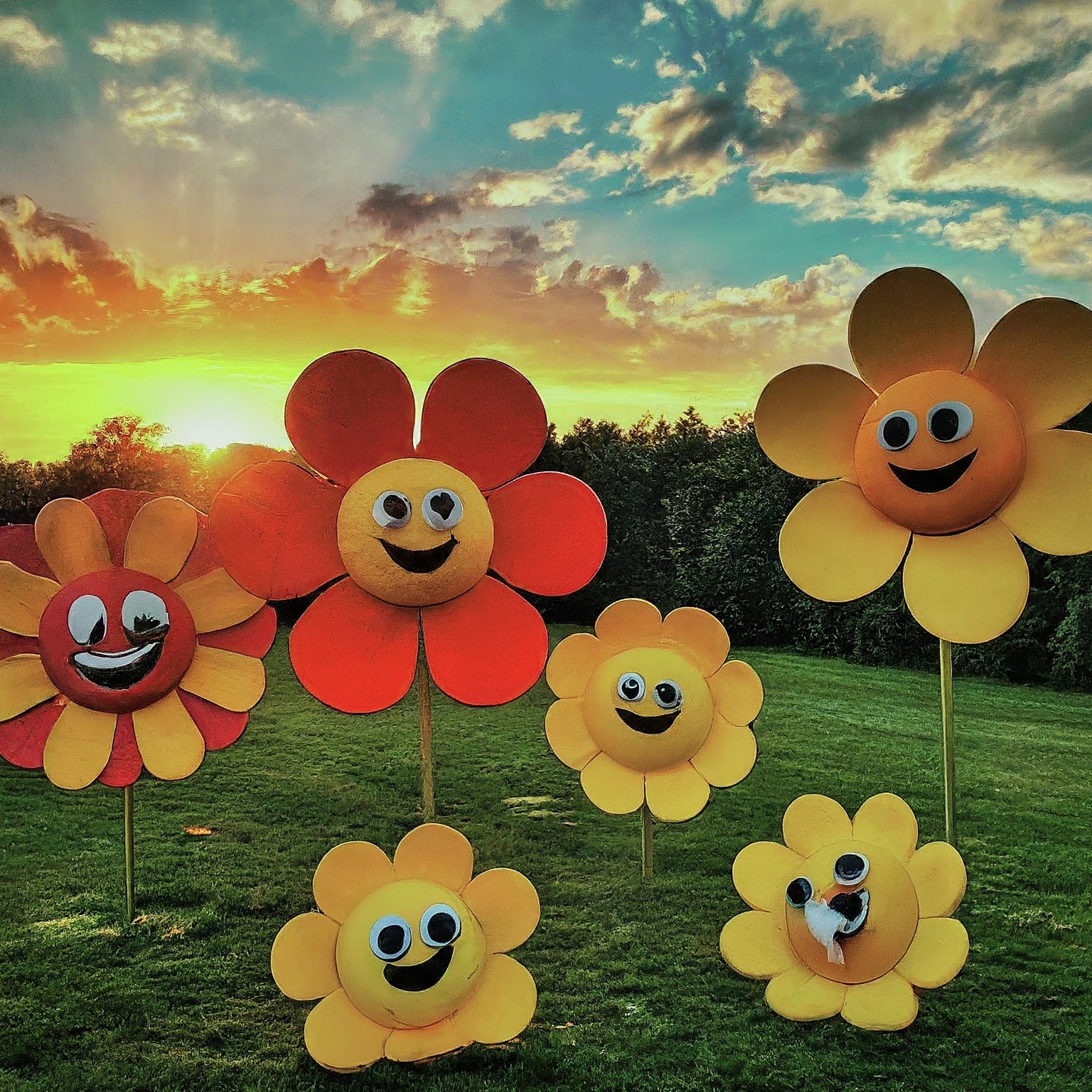 flowers with faces at sunset