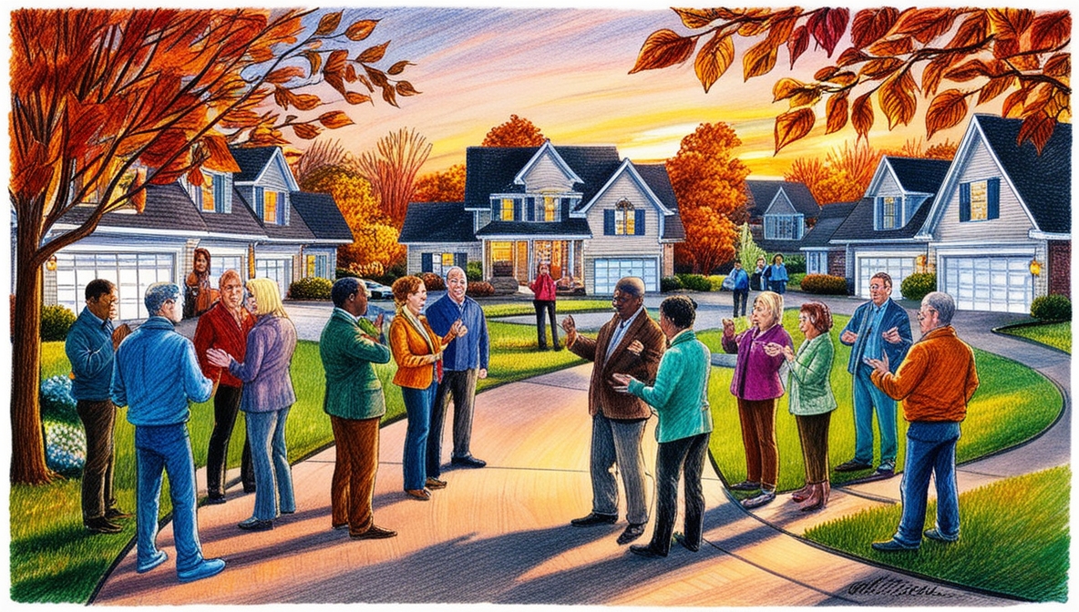 An HOA meeting of people standing in a circle and talking in a suburban cul de sac on a fall evening before sunset