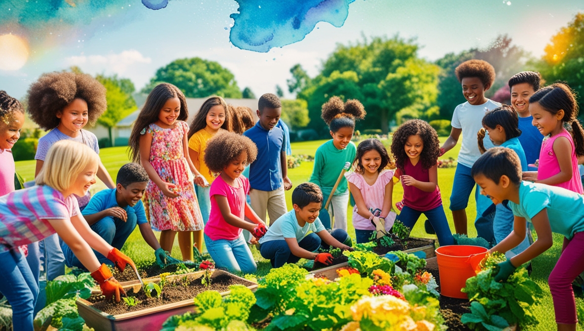 Image of kids gardening (AI)